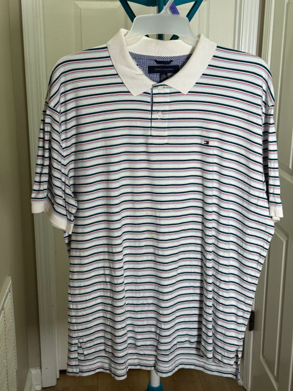 Tommy Hilfiger Men’s XXL Striped Polo Shirt White Blue Pink Short Sleeve